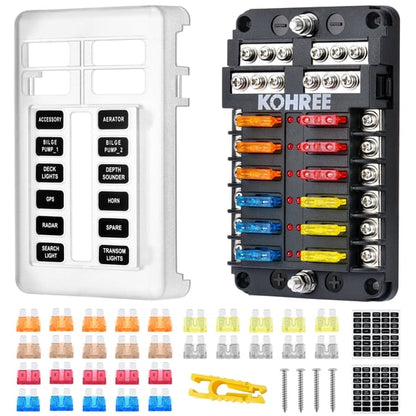 Kohree 12-Way 12V Fuse Block Kit with LED Indicator Waterproof Fuse Box Holder Includes 30pcs Fuses for Marine, RV, Automotive, Car Truck
