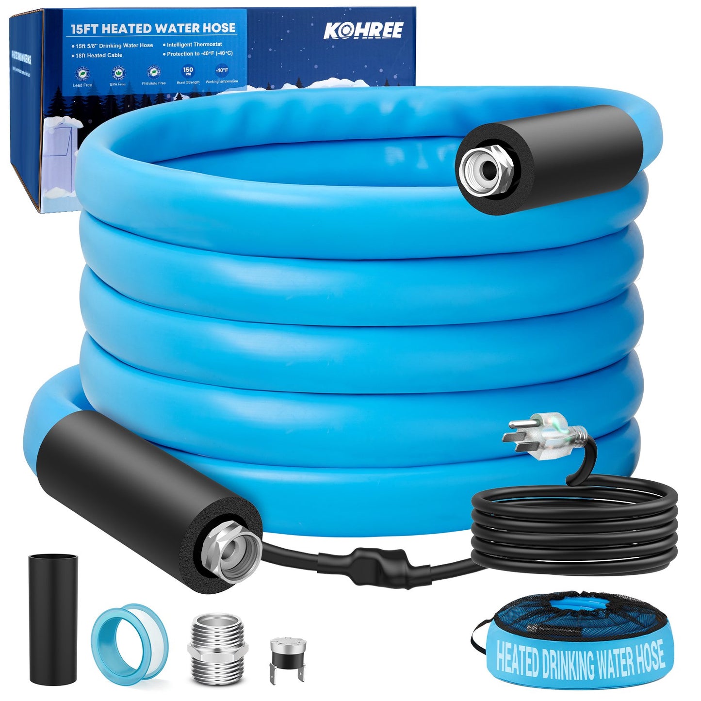 Kohree RV Heated Water Hose with Storage Bag for RV,Drinking Water Hose Antifreeze to -40℉for Trailer,Truck,Garden