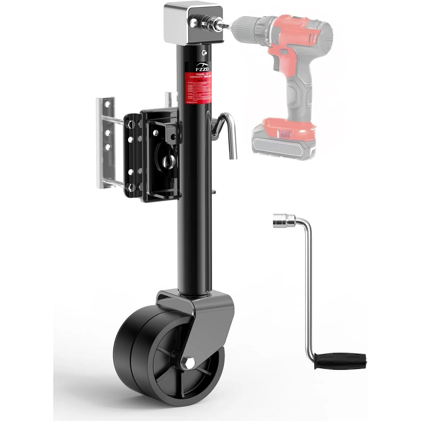 Kohree 2000lbs Trailer Jack with Dual Wheel, 20-24V Cordless Drill Compatible, 12" Lift, for RV Boat，Black