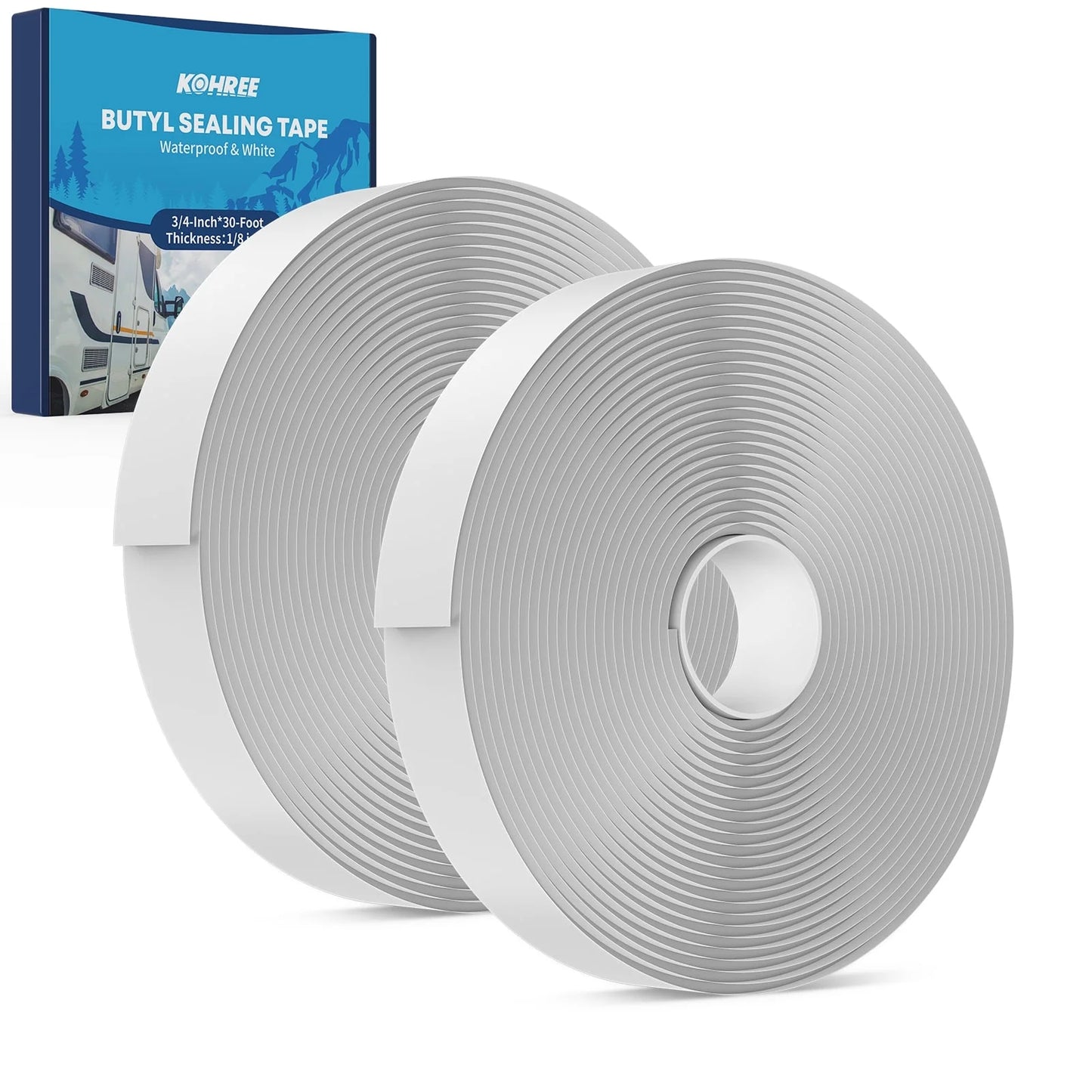 Kohree Butyl Sealant Tape , 1/8-Inch x 3/4-Inch x 30-Foot, RV Putty Rubber Seal Tape Leak Proof for RV Repair, Window, Boat Sealing-White 2 Pack
