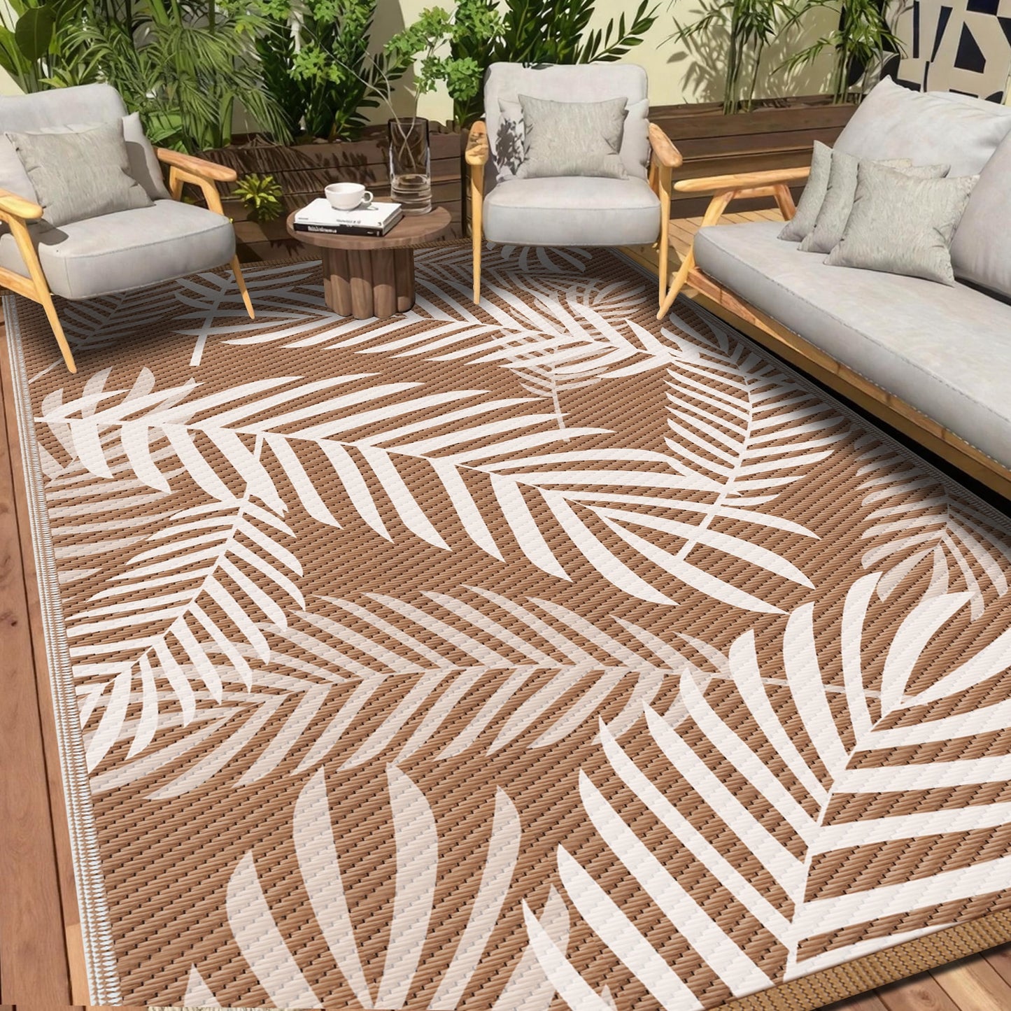 Kohree Outdoor Plastic Straw Rug 8'x10' ,Waterproof Mat with 4 Corner Loops Indoor Outdoor for RV, Camping, Deck ,Balcony (Palm leaves-Green)