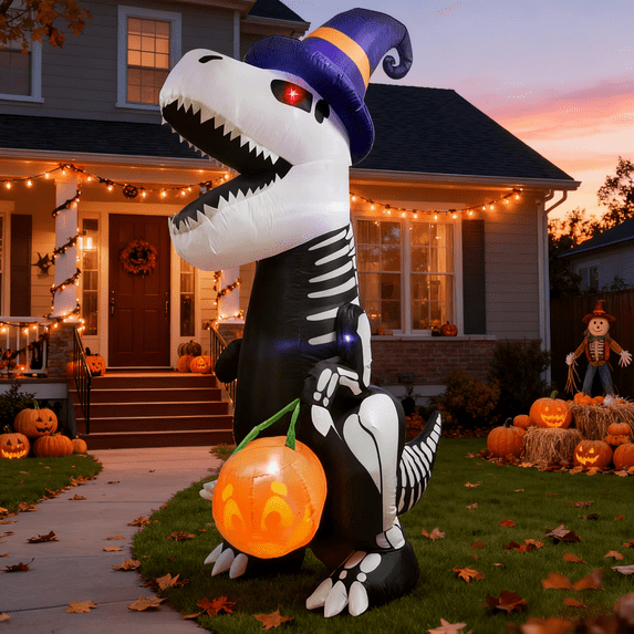 Magicfly 8 FT Inflatable Lighted Skeleton Dinosaur with Pumpkin,Halloween Blow Ups for Halloween Indoor Outdoor Holiday Yard Decoration