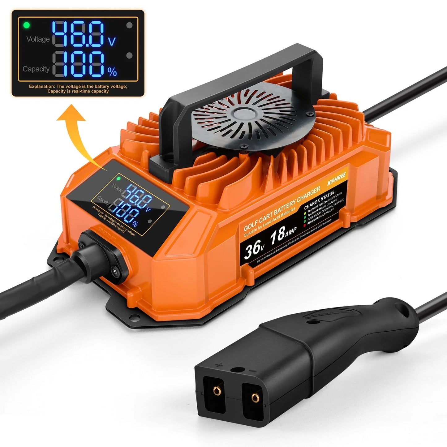 Kohree 36 Volts 18 AMP Golf Cart Battery Charger with Smart LCD Display 2-pin D Style Plug Lead Acid for EZGO TXT
