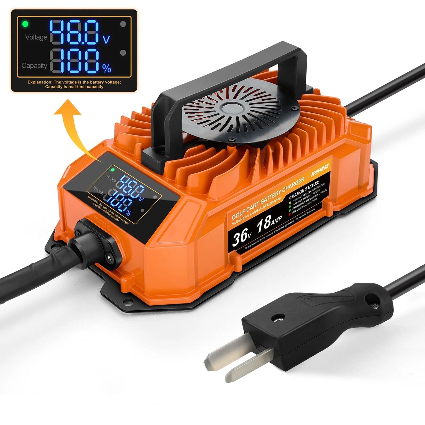 Kohree 36 Volts 18 AMP Golf Cart Battery Charger with Smart LCD Display 2-pin D Style Plug Lead Acid for EZGO TXT