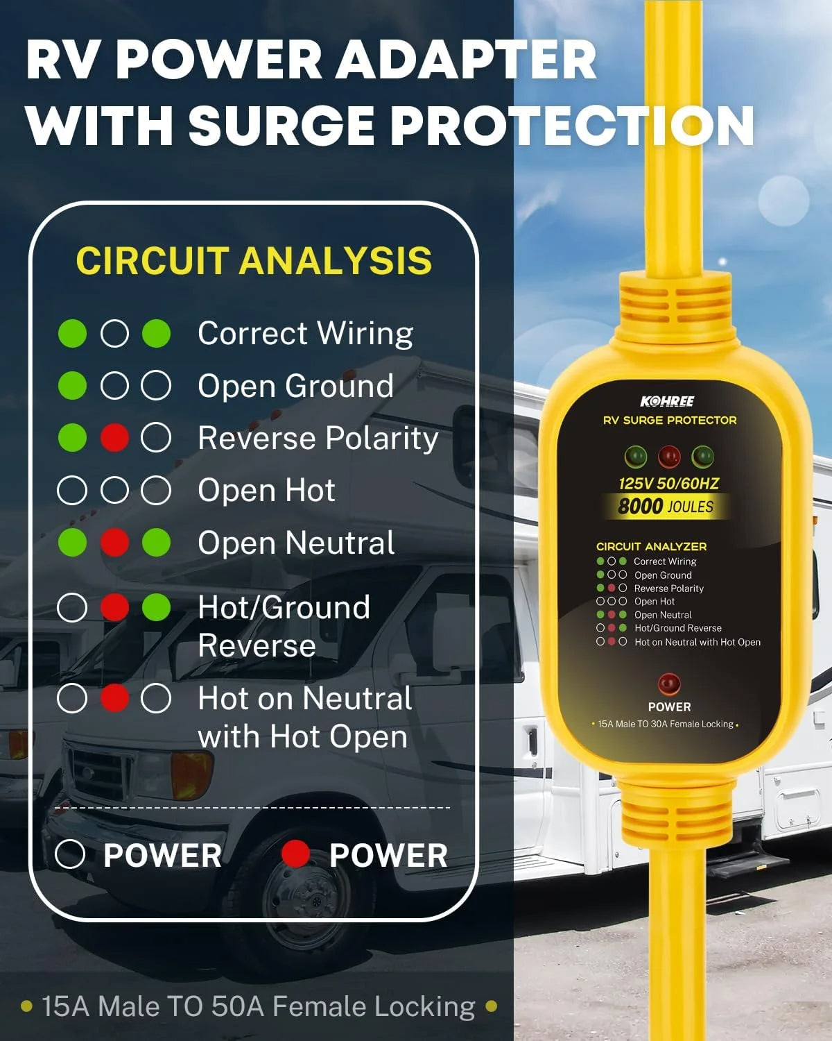 Kohree 50 Amp to 110V RV Adapter with Surge Protection, 8000 Joules 50 Amp to 15 Amp RV Adapter with Twist Lock, Circuit Analyzer w/LED Indicators, 21" for Camper Travel Trailer