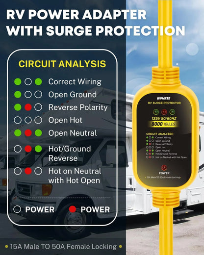 Kohree 50 Amp to 110V RV Adapter with Surge Protection, 8000 Joules 50 Amp to 15 Amp RV Adapter with Twist Lock, Circuit Analyzer w/LED Indicators, 21" for Camper Travel Trailer
