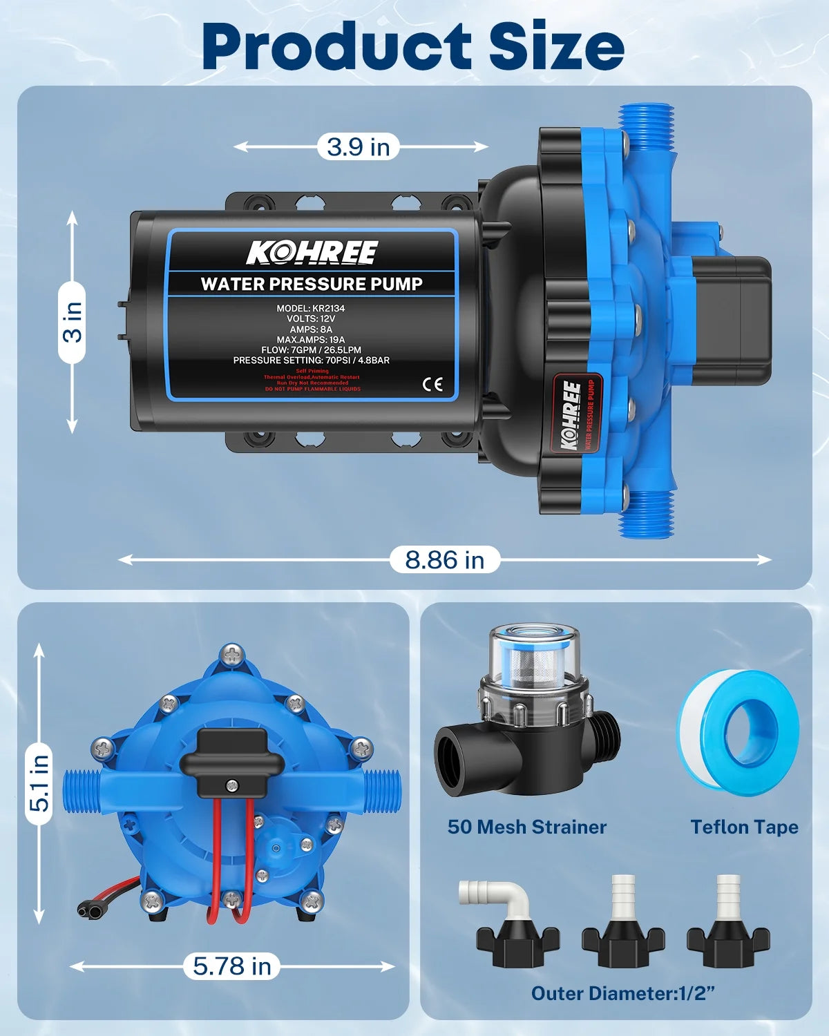 Kohree Upgraded RV Water Pump 7GPM 70PSI, 12V DC Water Pump, Self-Priming for Boat, RV, Marine, Yacht, Caravan