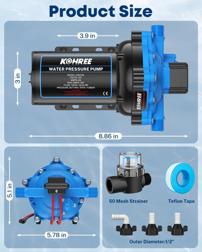 Kohree Upgraded RV Water Pump 7GPM 70PSI, 12V DC Water Pump, Self-Priming for Boat, RV, Marine, Yacht, Caravan