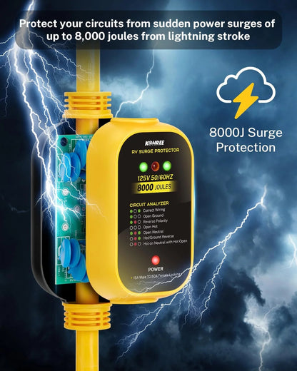 Kohree 50 Amp to 110V RV Adapter with Surge Protection, 8000 Joules 50 Amp to 15 Amp RV Adapter with Twist Lock, Circuit Analyzer w/LED Indicators, 21" for Camper Travel Trailer