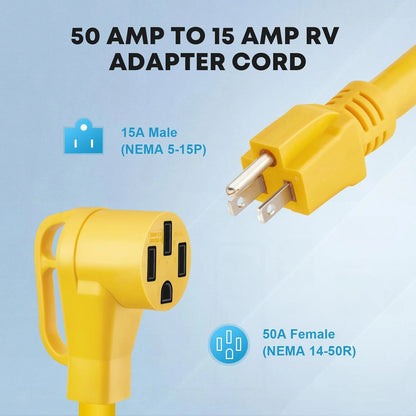 Kohree 50 amp to 110V Adapter RV Plug, 15 Amp Male to 50 Amp Female RV Power Adapter Cord 12", NEMA 5-15P to 14-50R RV Dogbone Electrical Adapter