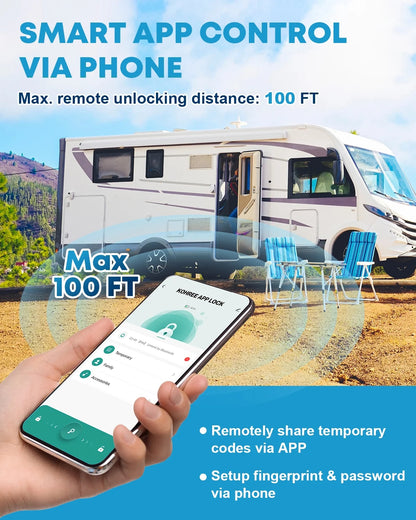 Kohree Upgraded RV Door Lock Keyless Entry, Replacement RV Door Lock with APP, Fingerprint, Password, Keys, Bluetooth RV Keyless Entry Door Lock for Trailer Camper RV Travel Trailer Door Latch