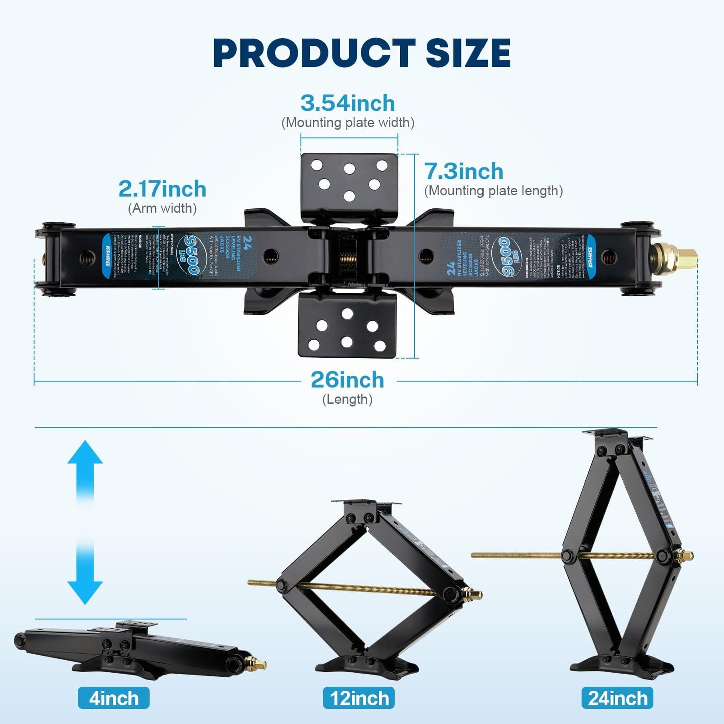 Kohree 24" 9500lbs RV Trailer Stabilizer Leveling Scissor Jacks with Crank Handle and Drill Bit,Set 2