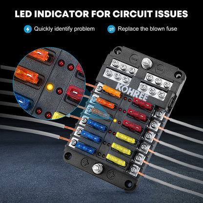 Kohree 12 Way 12V Fuse Block Marine,t Fuse Block Waterproof with LED Indicator for Automotive RV Boat CarTruck