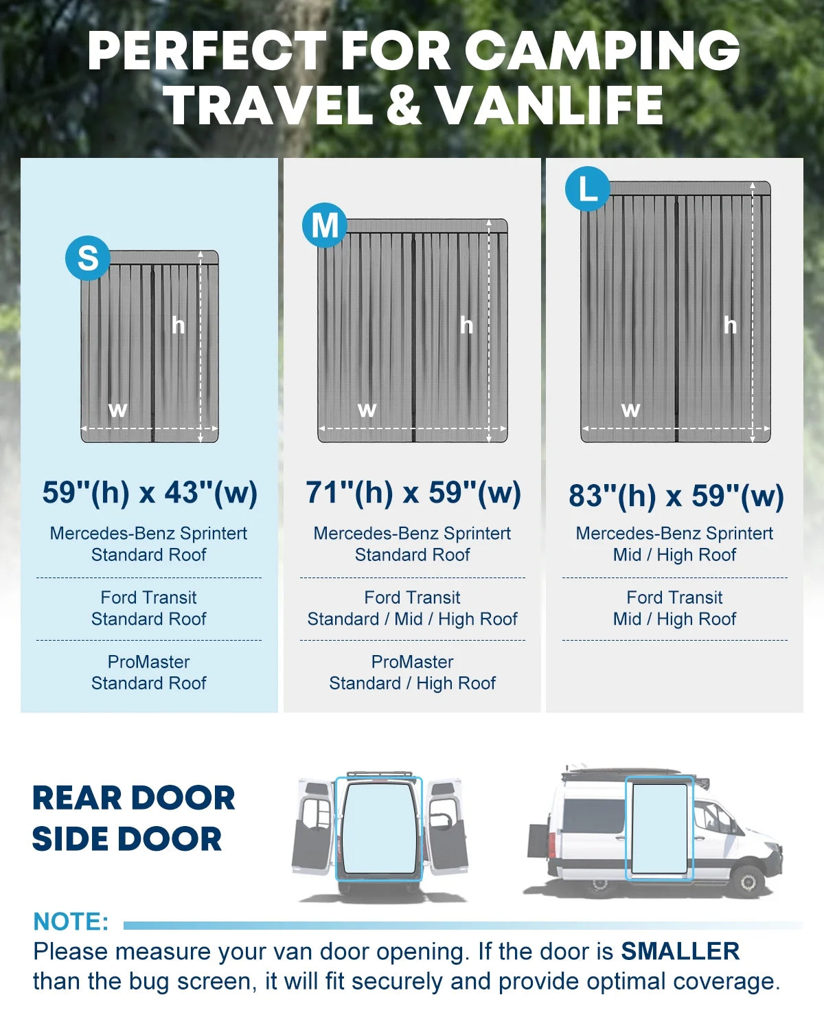 Kohree Van Bug Screen,  83” (H) x 59” (W)Full Magnetic Strips Door Mesh Curtain for Side Door and Rear Door Flyscree Mosquito Net for Mercedes Sprinter Motorhome Camper