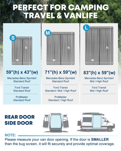 Kohree Van Bug Screen,  83” (H) x 59” (W)Full Magnetic Strips Door Mesh Curtain for Side Door and Rear Door Flyscree Mosquito Net for Mercedes Sprinter Motorhome Camper