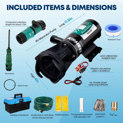 Kohree 12V RV Macerator Pump,12 GMP Quick-Release Self-Priming Macerator Pump with RV Sewer System Accessories with Hose Fittings,Storage Box for RV, Camper, Boat