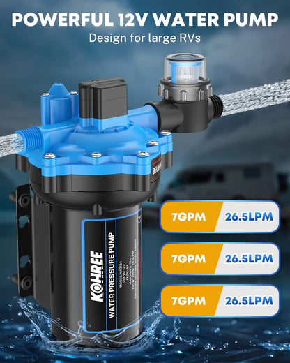 Kohree Upgraded RV Water Pump 7GPM 70PSI, 12V DC Water Pump, Self-Priming for Boat, RV, Marine, Yacht, Caravan