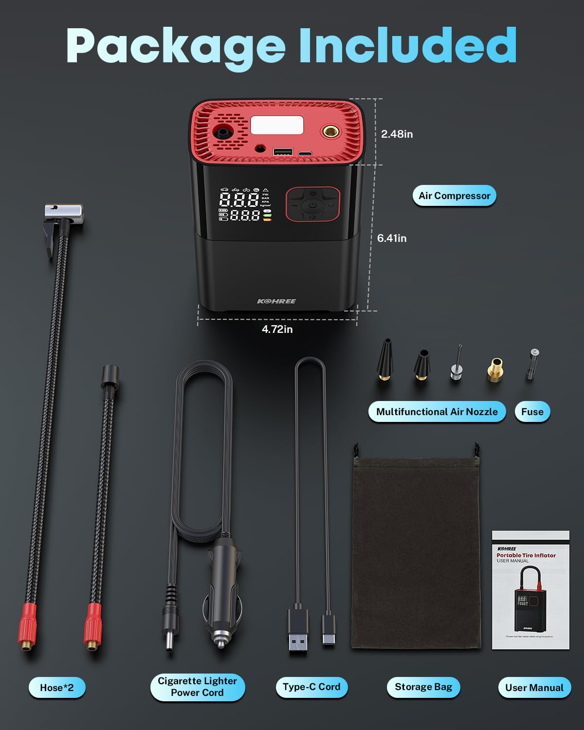 Kohree Portable Tire Inflator Dual Cylinder Faster Air Compressor